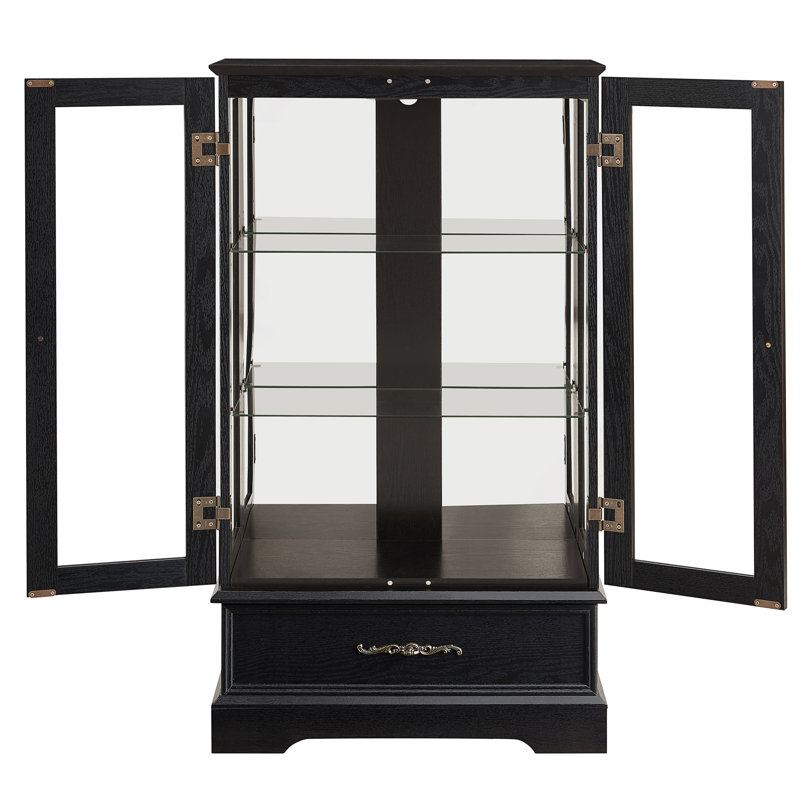 Lighted Glass Curio Cabinet With Adjustable Shelves - Elegant 2-Door Display Cabinet & Built-In Drawer