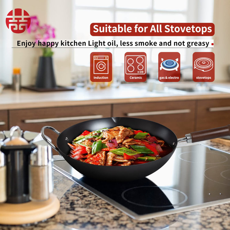 Carbon Steel Wok Pan with Lid and Spatula - Nonstick, Nitrided, Anti-rust - Suitable for All Stoves