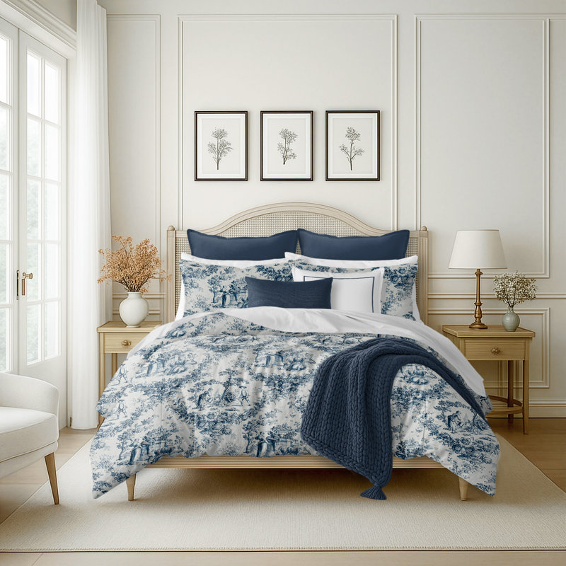 Ensemble d'édredon en coton ivoire / bleu marine Provence, Édredon très grand super + 2 taies décoratives