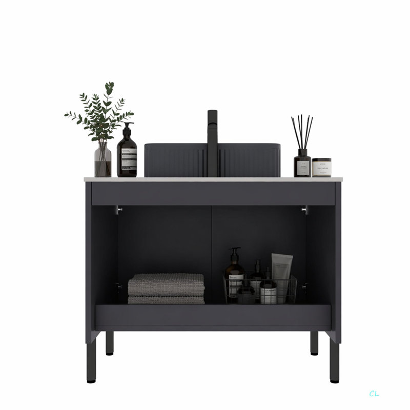 30" Freestanding Cabinet Without Basin, With Carrara  Sinte Stone Counter Top And 2 Doors, Black