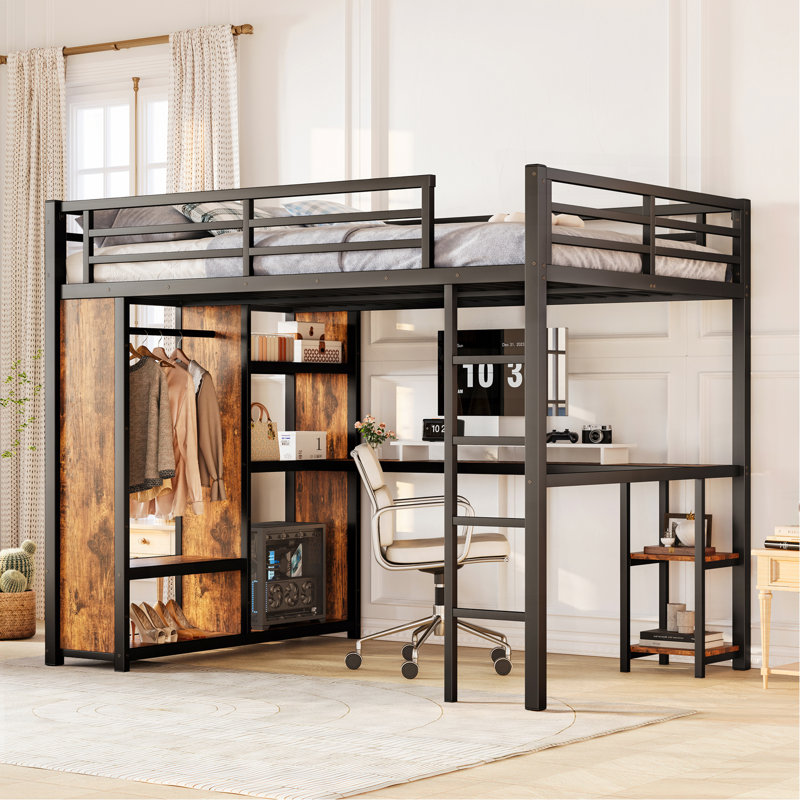 Structure de lit mezzanine grand format avec garde-robe intégrée, lit mezzanine en métal avec bureau et tablettes de rangement, grain de bois