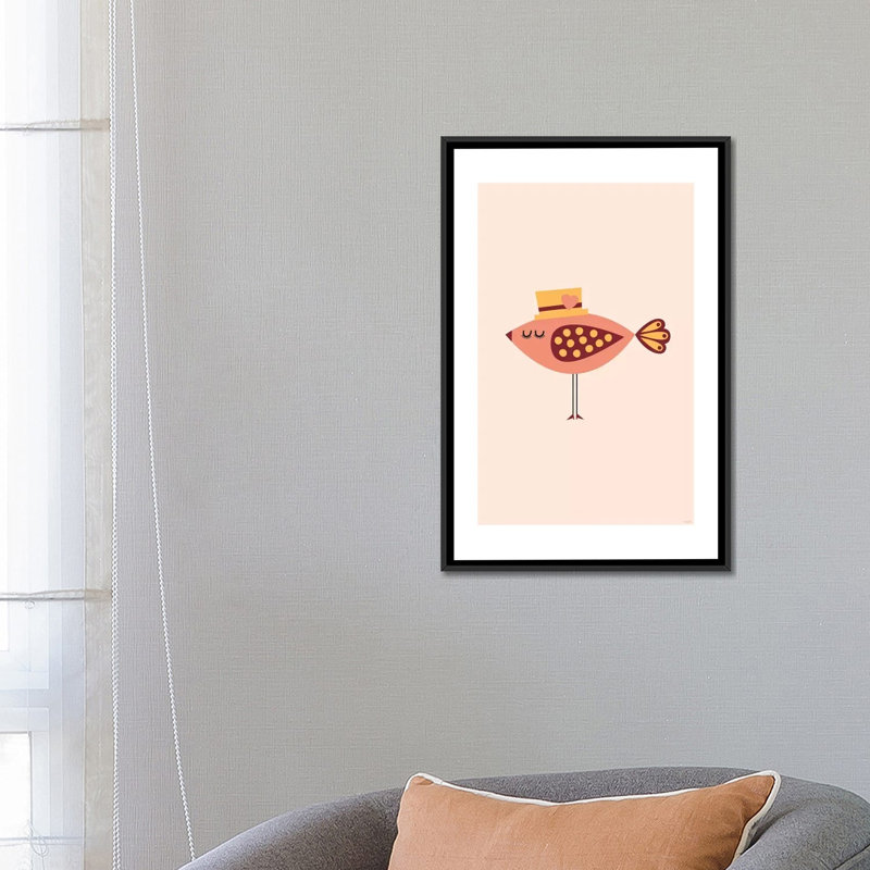 « oiseau orange », impression sur toile tendue, H 26 po x l 18 po x P 1,5 po, Toile avec cadre noir, Pas de tapis