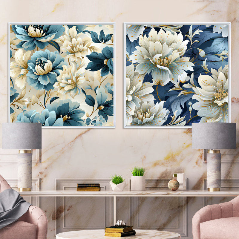 Tousignant - Ensemble de 2 collages carrés floraux, Cadre flottant blanc, H 16 po x l 33 po