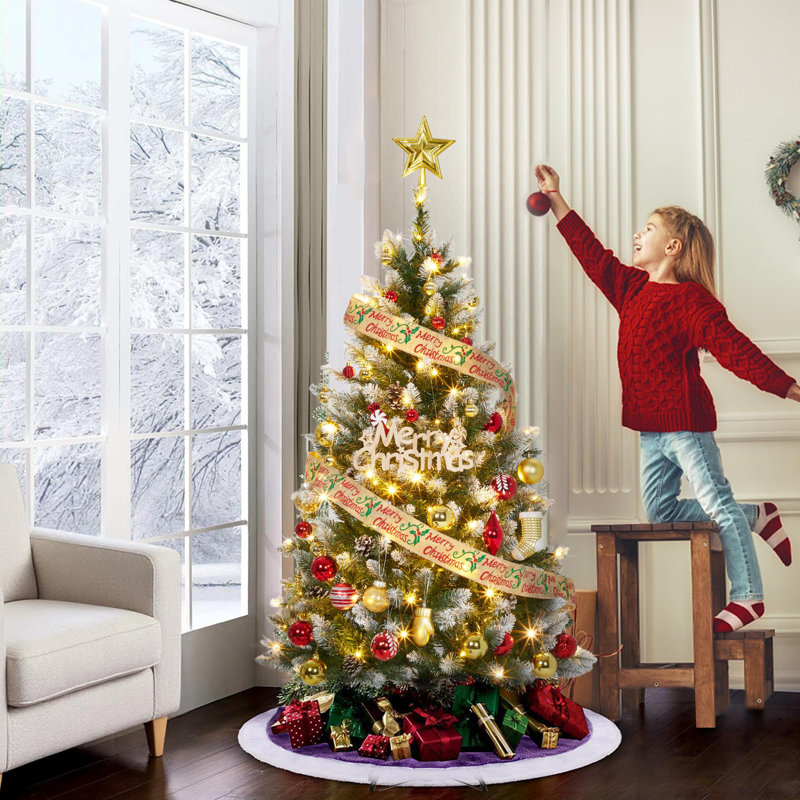 Arbre de Noël artificiel 4,5 pi, arbre de Noël avec décoration, base en métal facile à assembler pour la maison, le bureau, la fête, les fêtes, vert