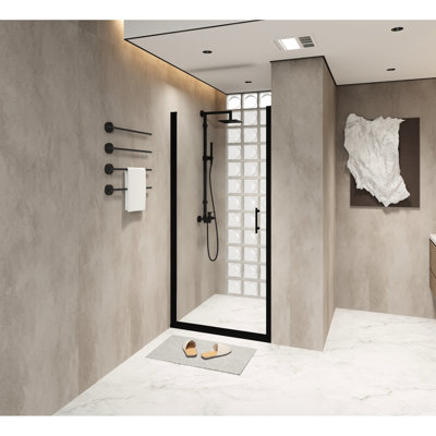 28x72 Inch Shower Door With Pivot Mechanism, Black Aluminum Frame, 1/4" Tempered Glass, Film, Water - Blocking Strip, Smooth Swing For Bathroom Improvement Featuring Half 6mm Transparent Raised Shock