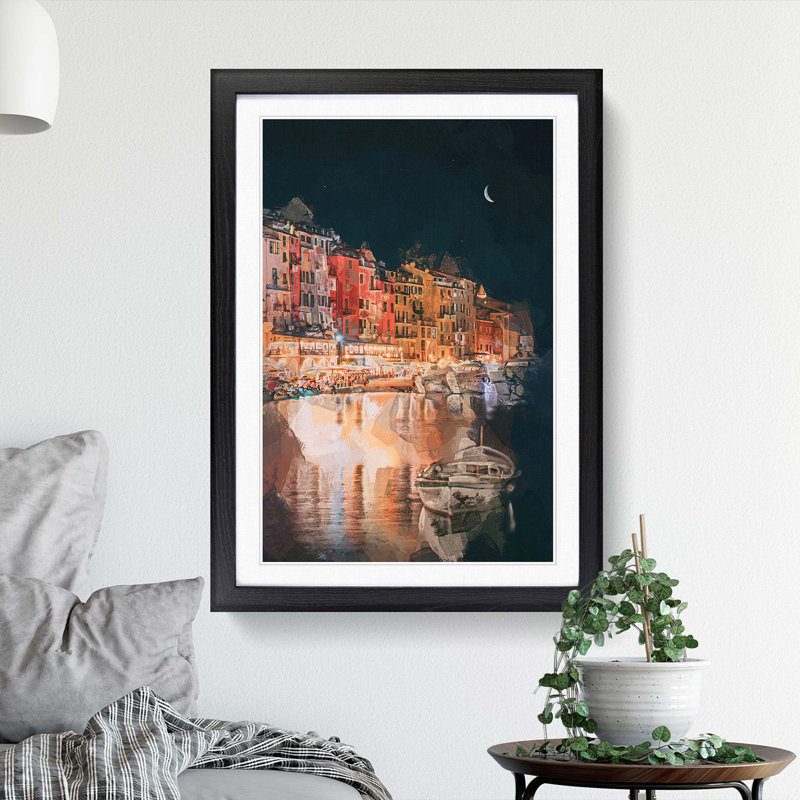 Boat in an Italian Port in Abstract - Picture Frame Painting Print, 87cm H x 62cm W x 2cm D, Black Framed