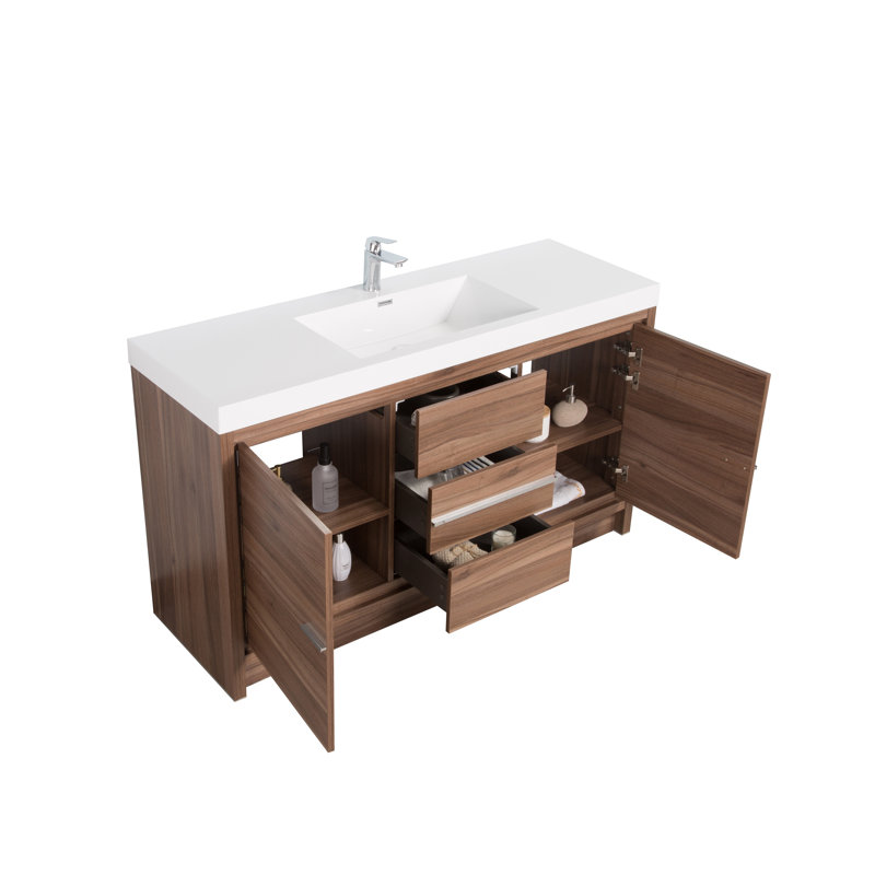 Prairie 60 po L x 20 po P 2 portes et 3 tiroirs Meuble-lavabo avec évier simple et Comptoir en Acrylique