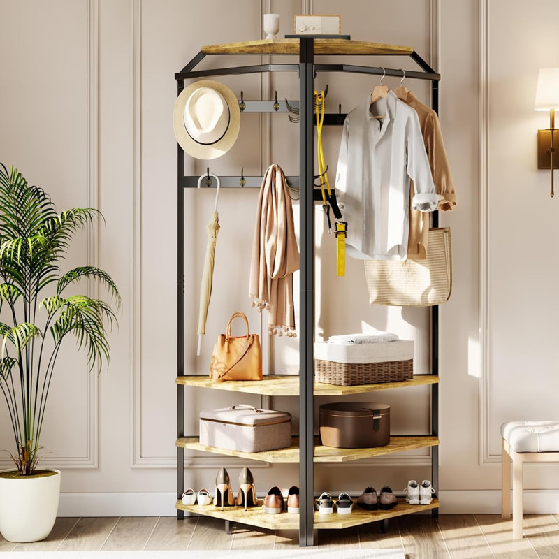 Corner Coat Rack with 3-Tier Storage Shelves and 12 Hooks, Freestanding Hall Tree for Entryway, Bedroom, or Living Room