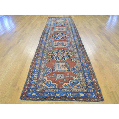 Tapis de la laine noué la années 1900 anatolian bleu/rouge/ivoire 3 pi 7 po x 14 pi 2 po one-of-kind à la main
