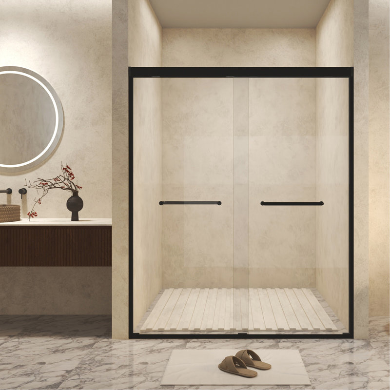 56-60 " X 72" Tempered Glass With Explosion Proof Film, Aluminum Frame Double Sliding Shower Door, "1/4 (6 Mm), Stainless Steel Handle, Matte Black