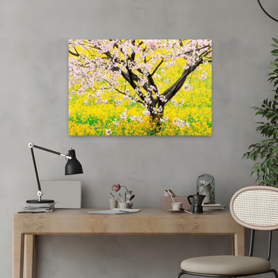 Flowering Cherry Tree In Mustard Field Abstract Contemporary Cherry Flower Landscape Art