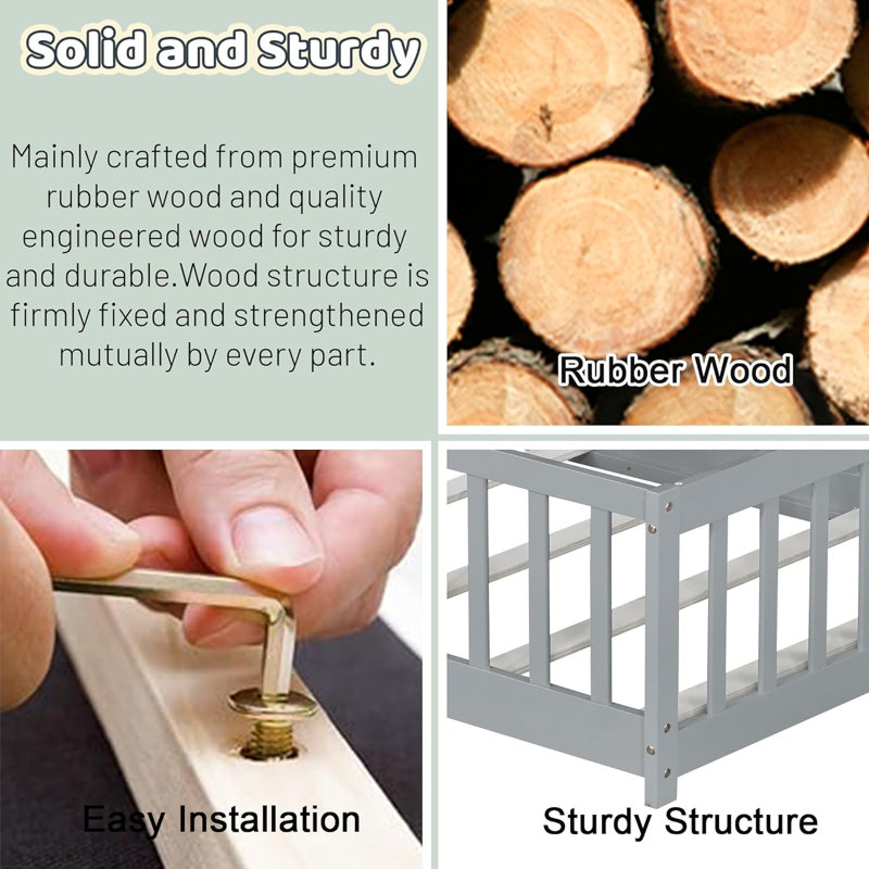 Cadre de lit simple en bois d'hévéa de style moderne, lit plateforme, lit pour enfant avec clôture et garde-corps de sécurité sans porte