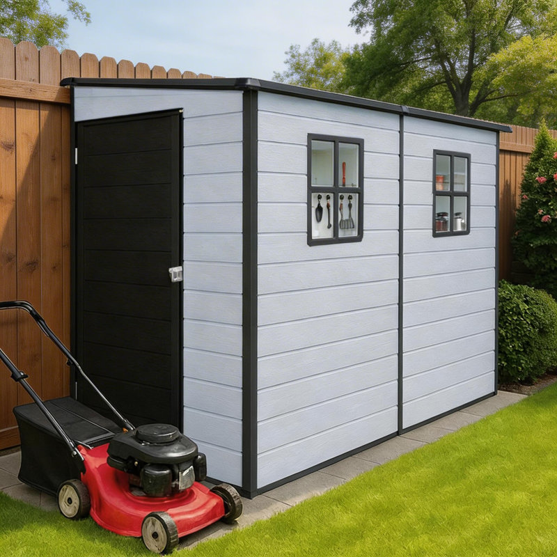 Jaxenor 8x4ft Lean to Shed, Resin Outdoor Storage Shed with Floor and 2 Windows, Plastic Sheds & Outdoor Storage Clearance for Patio Furniture, Garden Tools Bike Accessories, Beach Chairs, Black+Grey