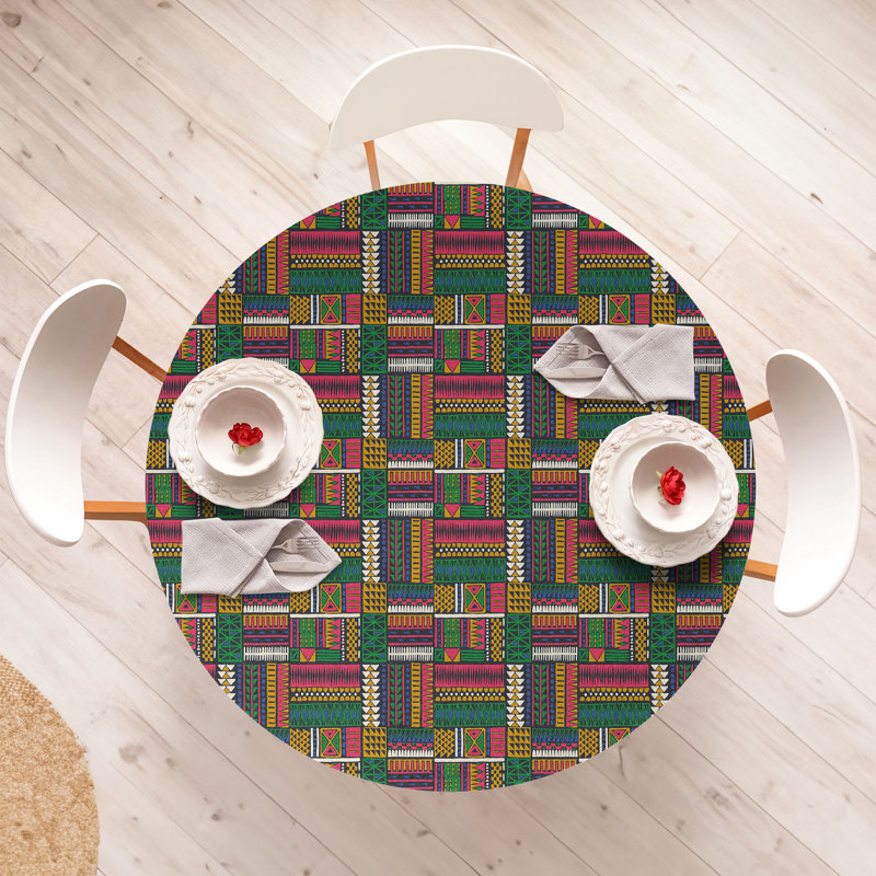 Bungalow Rose Folk Fitted Round Tablecloth Diameter Multicolor, 47.24" Round