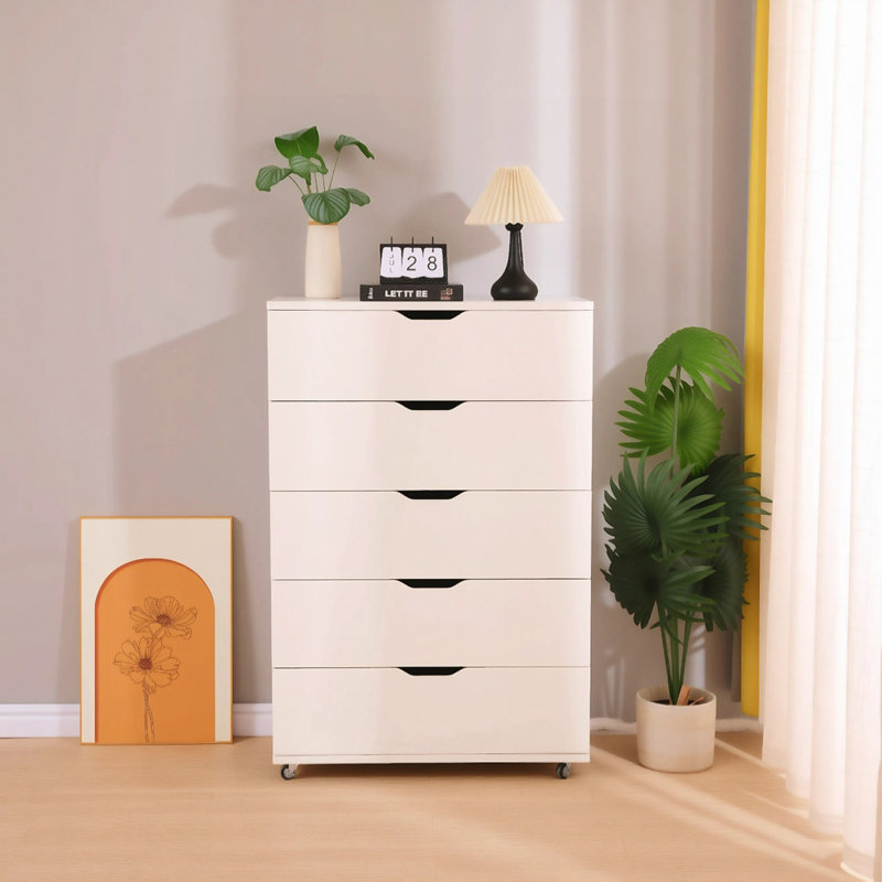 Commode mobile à 5 tiroirs avec roulettes, Blanc