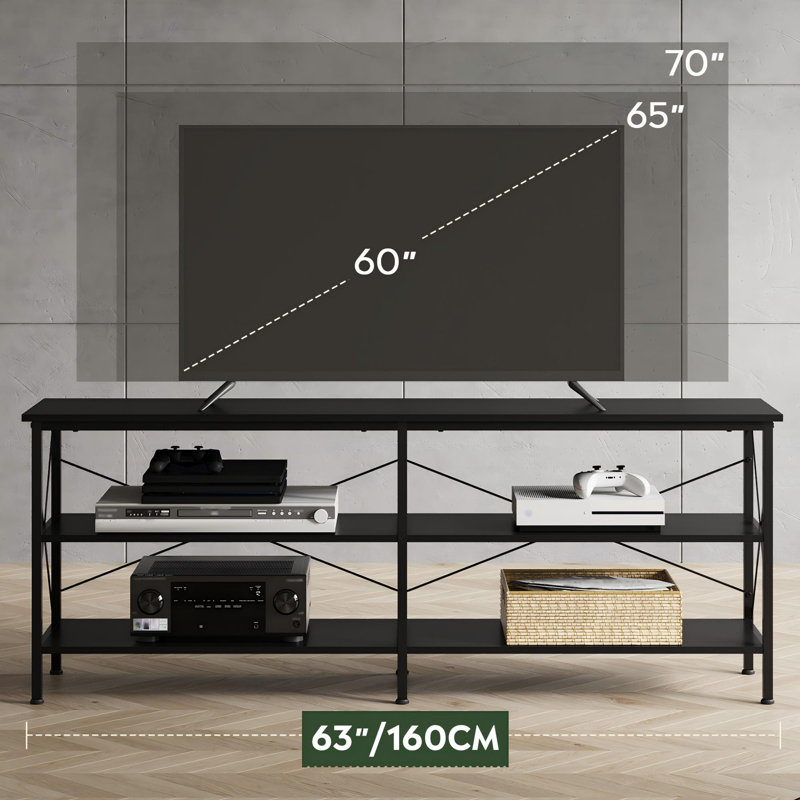 63" W TV Stand for 70 Inch TVs with 3-Tier Open Storage Shelves, Industrial Entertainment Center with Metal Frame, Modern Media Console for Living Room, Gaming Room