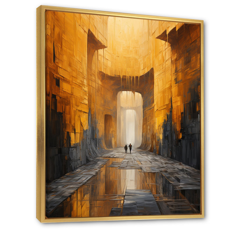 Tunnel abstrait jaune et gris sur toile, Cadre flottant doré, H 40 po x l 30 po x P 1,5 po