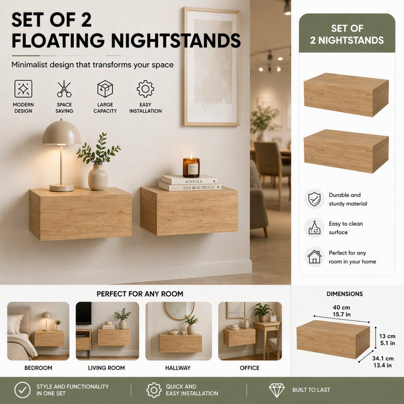 Ensemble de 2 tables de chevet murales flottantes Custer, chêne naturel Custer, Naturel