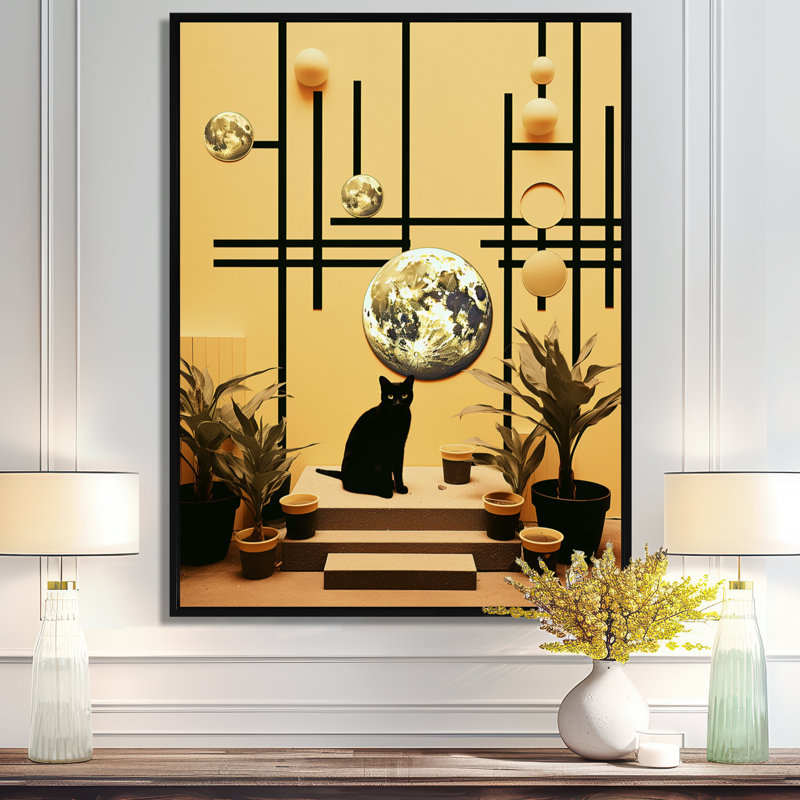 Chat noir noir géométrique rétro - reproduction d'art murale chat, H 20 po x l 12 po x P 1 po, Toile avec cadre flottant noir