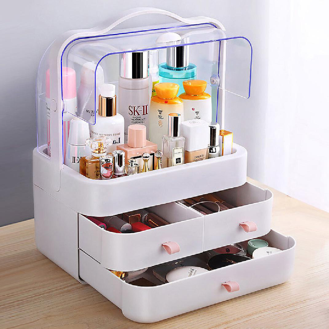 Makeup Organizer, Waterproof&Dustproof Cosmetic Organizer Box with Lid  Fully Open Makeup Display Boxes, Skincare Organizers Makeup Caddy Holder  for Bathroom, Dresser, Countertop Bedroom-White 
