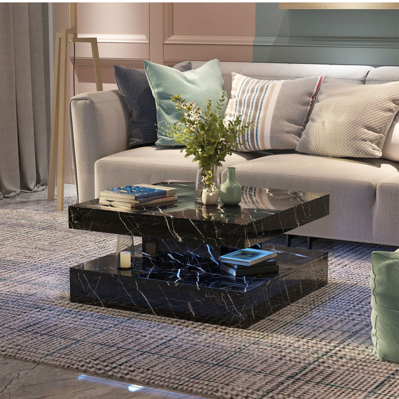 Charvez Solid Coffee Table with 16 Colors LED Lights, 78 x 78 cm, 40cm H x 78cm W x 78cm D, Black Marble