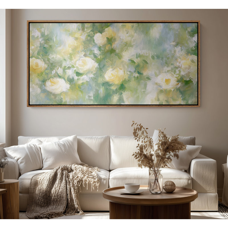 Art mural sur toile encadrée - Roses blanches douces dans un jardin, Naturel, 30" H x 60" W