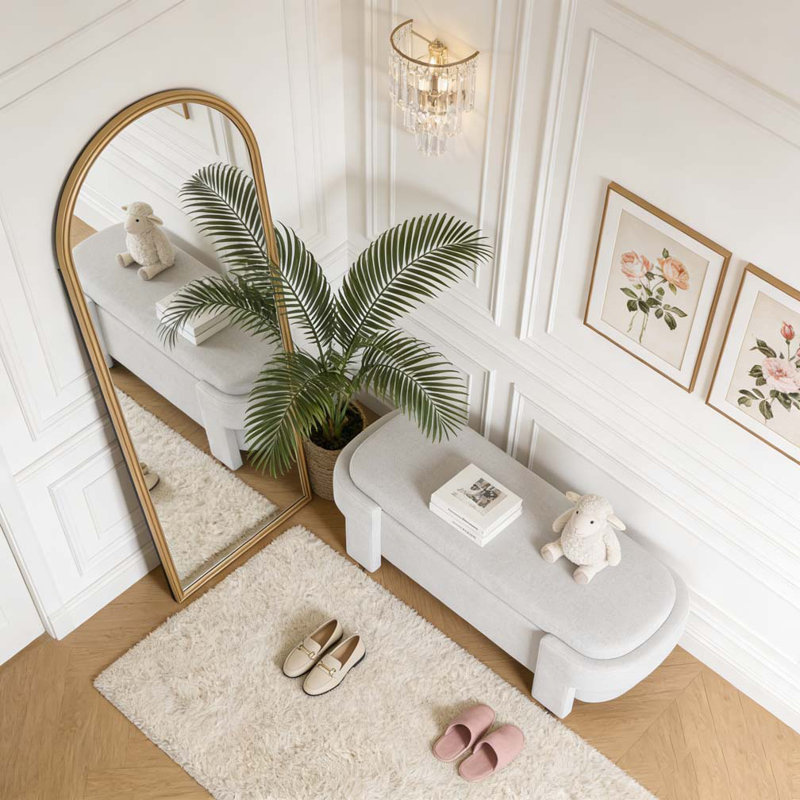 Banc rembourré avec grand espace de rangement, Blanc