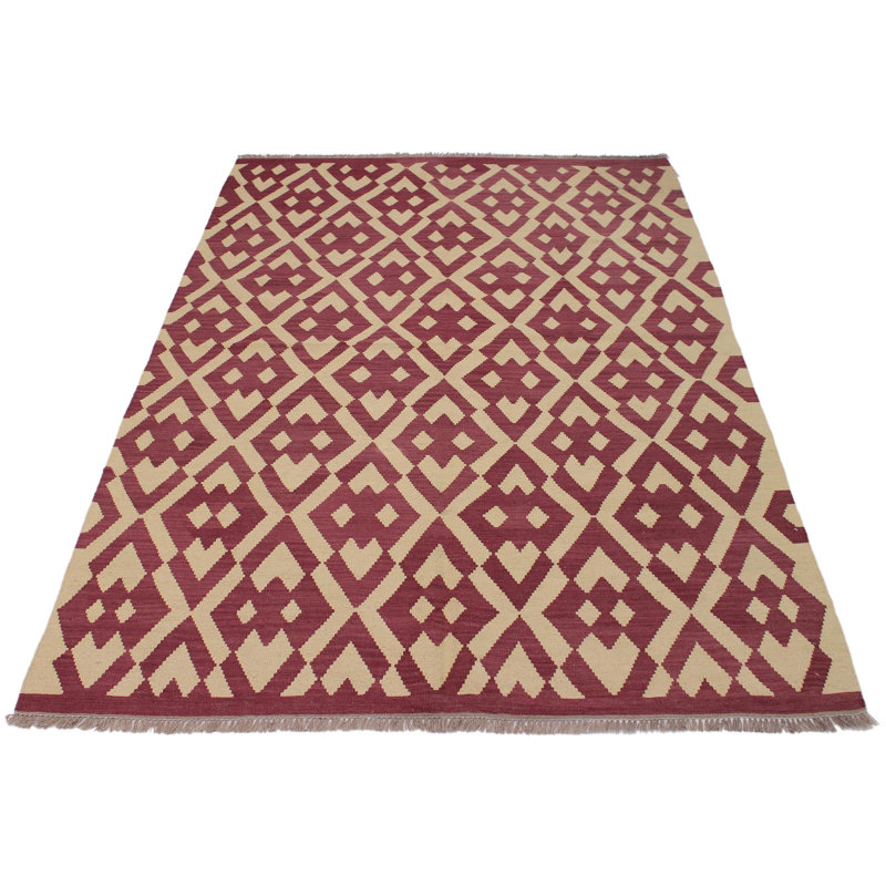 Tapis géométrique rose en laine noué à la main à motif géométrique 5 pi 11 po x 8 pi 4 po Madis