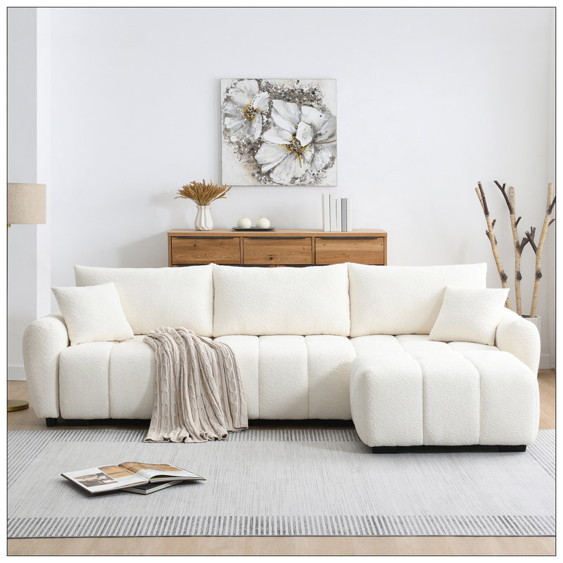 Canapé modulaire de 110 po en forme de L, siège très grand, conception à tirette, repose-pieds mobile, mousse haute densité et structure en métal et bois robuste en tissu bouclé
