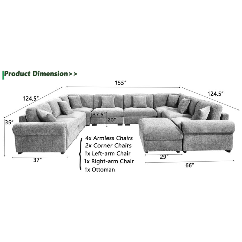 Errett Modern Fabric Reversible 9 Seater Corner Sectional With Movable Ottoman, Dark Blue Polyester