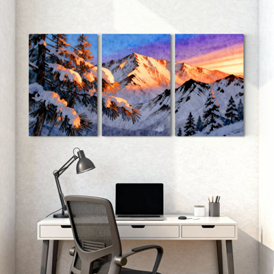 Hiver, forêt, montagnes enneigées, coucher de soleil, arbres de pin, ensemble de 3 impressions sur toile