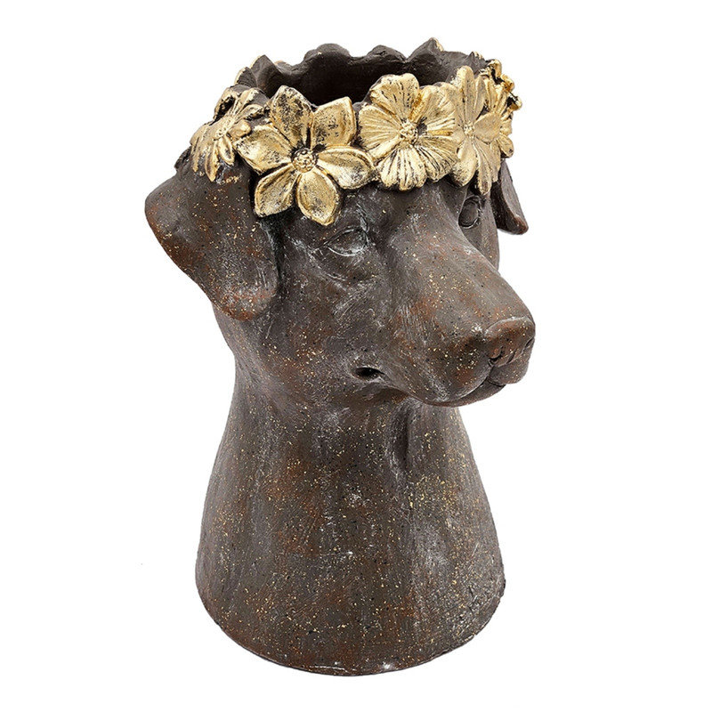 Pot à fleurs 9,3 x 9,3 x 13 po en magnésium avec fini brun texturé et couronne feuille d'or