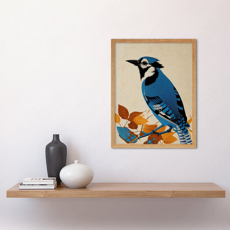 Blue Jay Textured Autumn Bird - Print, 43cm H x 33cm W, Light Brown Framed Paper