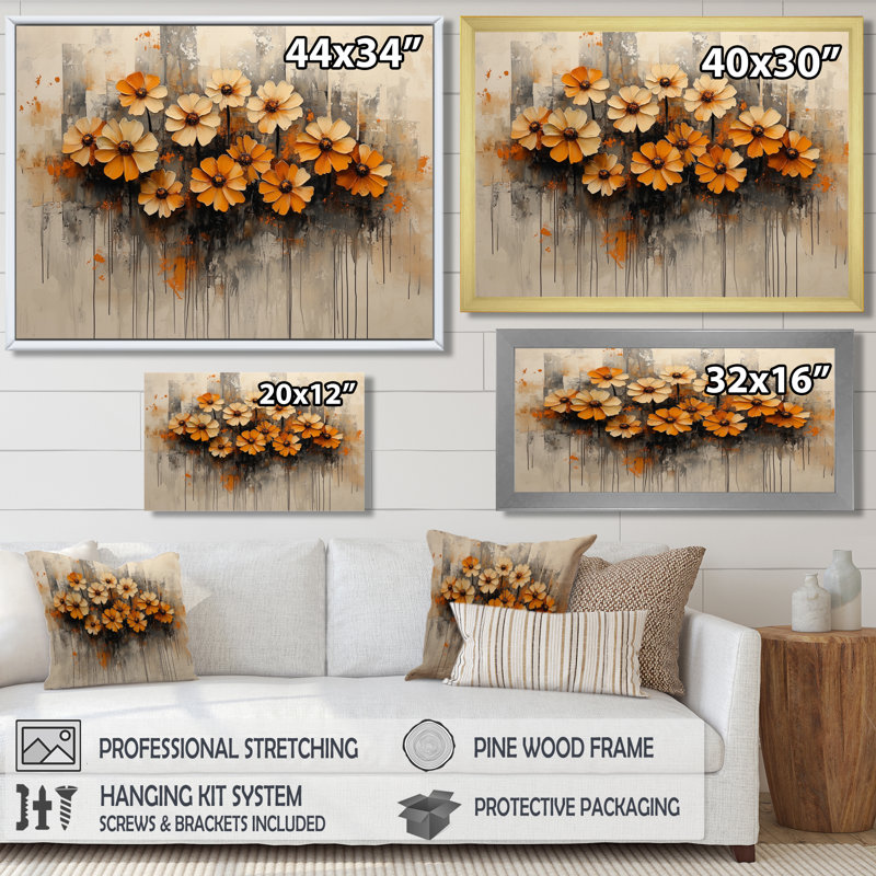 «Irimie Zinnias Flowers Winter Hues II», art mural sur toile Zinnias, H 28 po x l 60 po, Impression encadrée flottante, Blanc