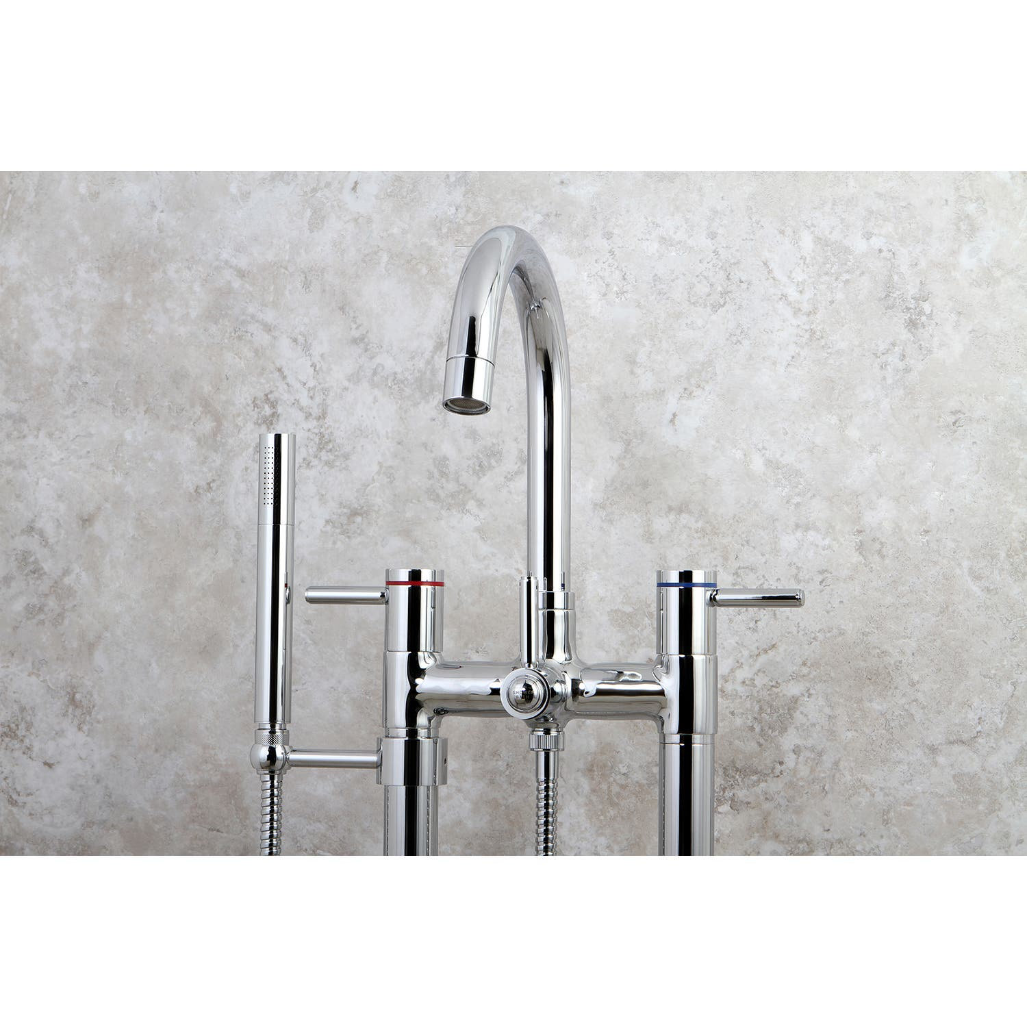 Kingston Brass Concord Three-Handle 2-Hole Freestanding Tub Faucet with Hand Shower, Polished Chrome