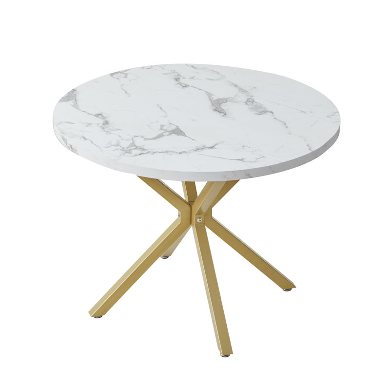 Adorna Round Solid Wood Top Metal Base Dining Table, Gold