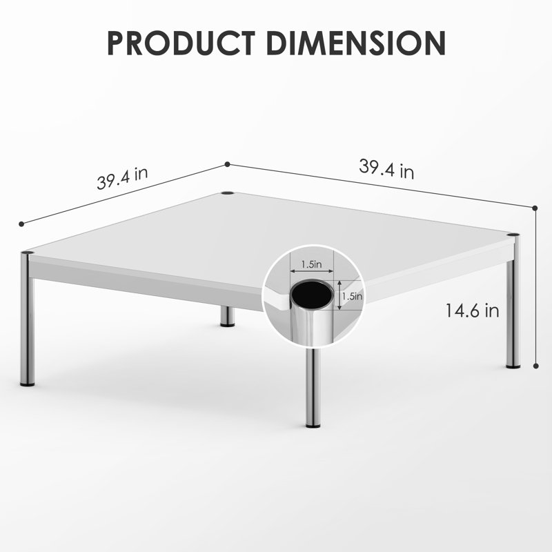 Brothir 39.4'' Wood Top Square Coffee Table with Stainless Steel Base 3 Min to Assemble, White
