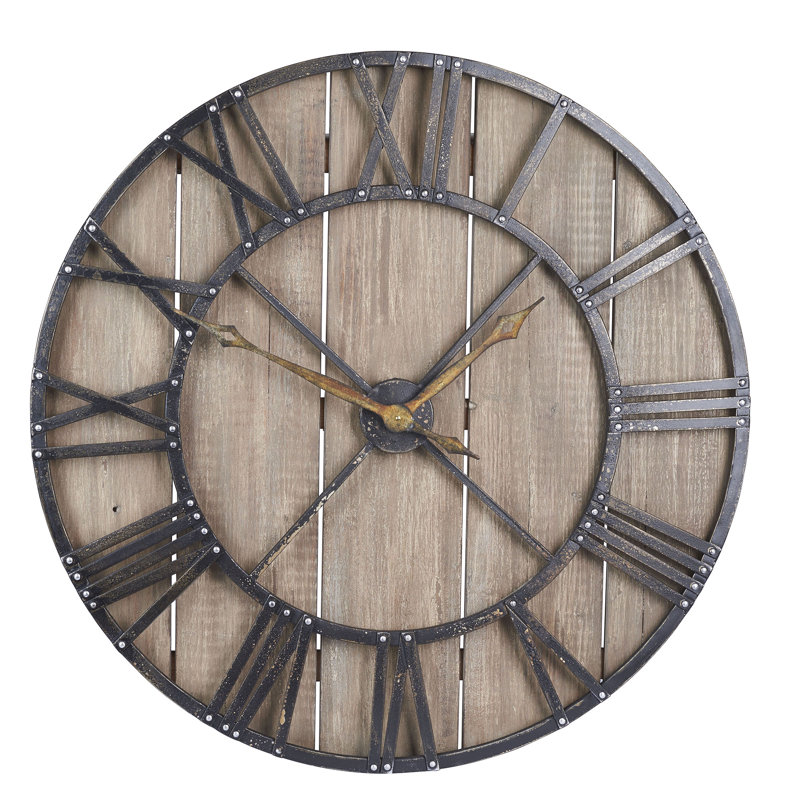 Horloge murale romaine en fer et bois