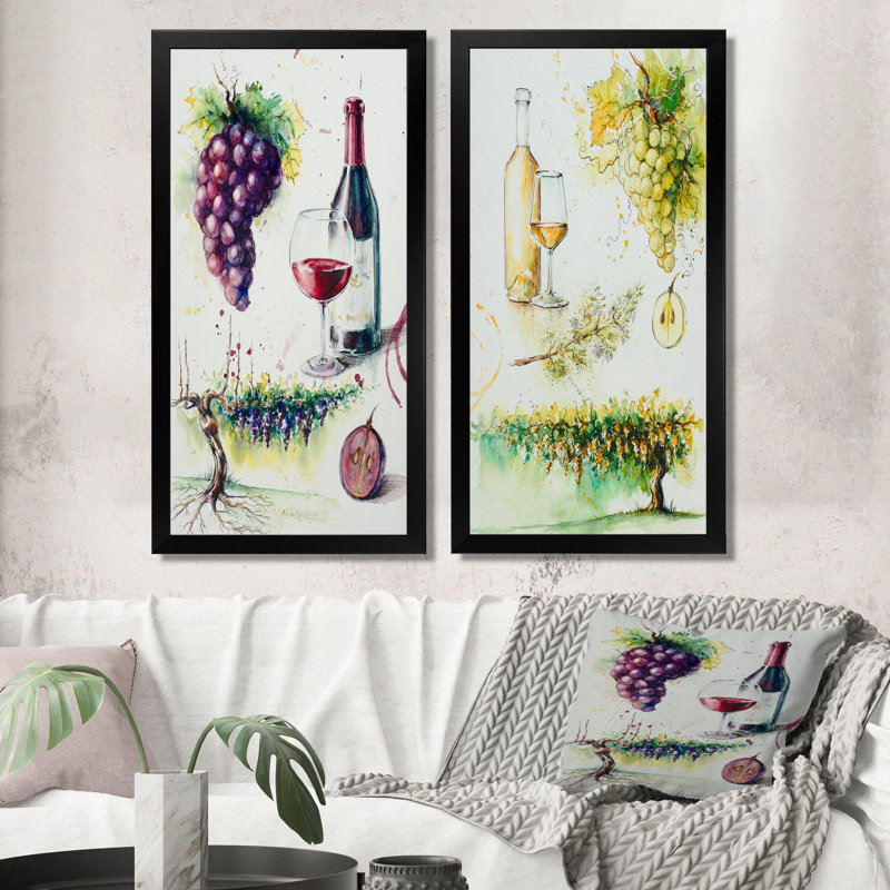 Raisins avec bouteille de vin - ensemble de 2 reproductions sur toile, H 20 po x l 24 po x P 1 po, Cadre photo noir