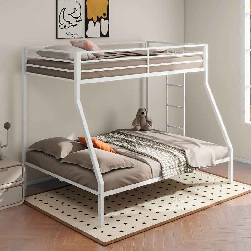 Lit superposé simple au-dessus d'un lit double en métal, blanc, fabrication en acier, garde-corps supérieurs, intégré, peu encombrant dans les dortoirs et les chambres d'amis, idéal pour les espaces multifonctionnels, sommier tapissier