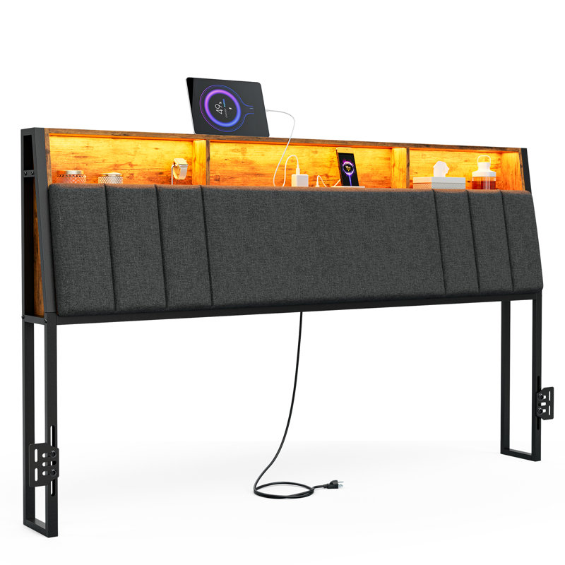 Wrought Studio Hidden Storage Headboard With Charging Station, Ergonomic Upholstered Linen Headboard Only With Led Lights, 2 Outlets & 2 Usb Ports, Attach Frame, Easy Assembly, Dark Grey