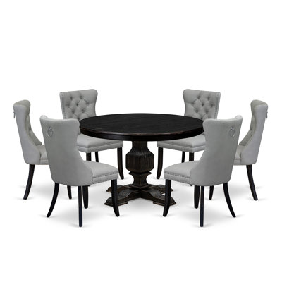 7 Piece Dining Table Set Consists of a 48" Round Table with Pedestal and 6 Light Gray Polyester Fabric Padded Chairs, Sand Blasted Black