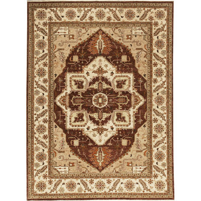 Tapis brun et ivoire de haute qualité noué à la main