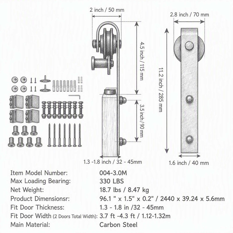 Ensemble de quincaillerie pour rail de porte coulissante de grange de 2,4 m (8 pi), capacité de charge de 150 kg (330 lb) pour portes doubles, compatible avec une largeur de porte totale de 1,13 à 1,3 m (3,7 à 4,3 pi) et des panneaux de 3,3 à 4,6 cm (1,3 à 1,8 po) d'épaisseur, poulies en J silencieuses et fluides.