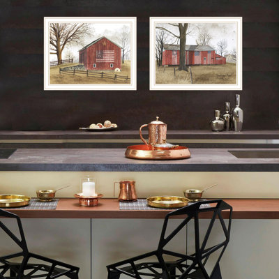 Tendance décorative 4U 2 pièces vignette All American Barns, art mural blanc encadré pour le salon