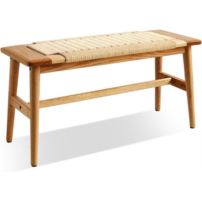 Oak Wooden Bench Indoor - Solid Wood Rope Woven Entryway Bench