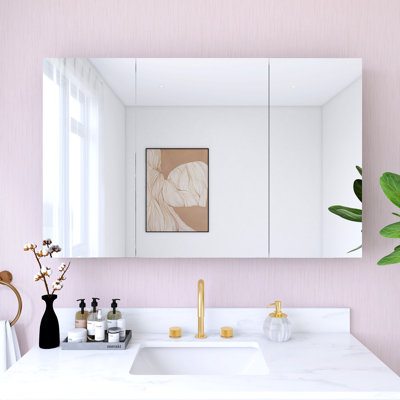 Rectangular Recessed Or Wall Mount Frameless Aluminum Large Medicine Cabinet Mirror With 3-door and Adjustable Glass Shelves