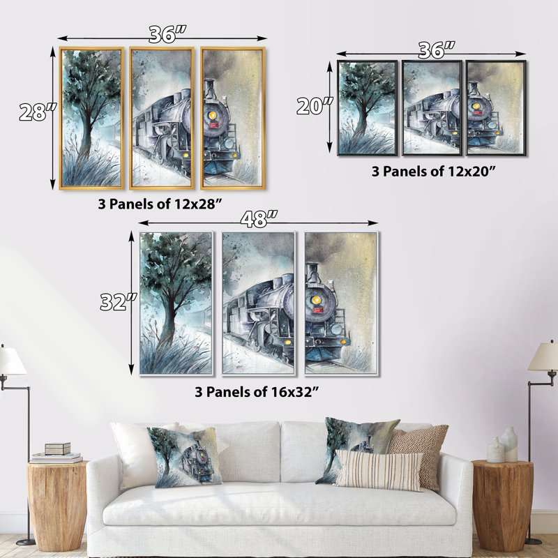 A Steam Locomotive in Winter Time - 3 pièces, reproduction d'art sur toile, H 28 po x l 36 po x P 1 po, Cadre brun