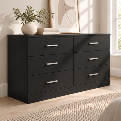 Commode de 119 cm de large, 6 tiroirs, panneaux latéraux incurvés, style moderne, idéale pour la chambre, le salon ou l'entrée, noire.