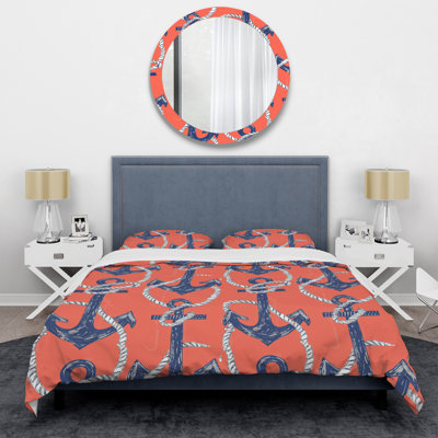Peach Blue Nautical Anchor III - Nautical Duvet Cover Set